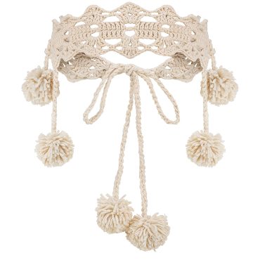 Handmade Cotton Crochet Headband: Beige Boho Lace Headpiece With Pompoms