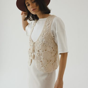 Handknit Cotton Lacy Slipover Vest: Tassel Tie Sleeveless Top