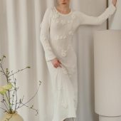 White Handmade Knitted Dress With Crochet Flowers - Long Women's Dress