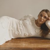 White Handmade Knitted Dress With Crochet Flowers - Long Women's Dress