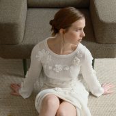 White Handmade Knitted Dress With Crochet Flowers - Long Women's Dress