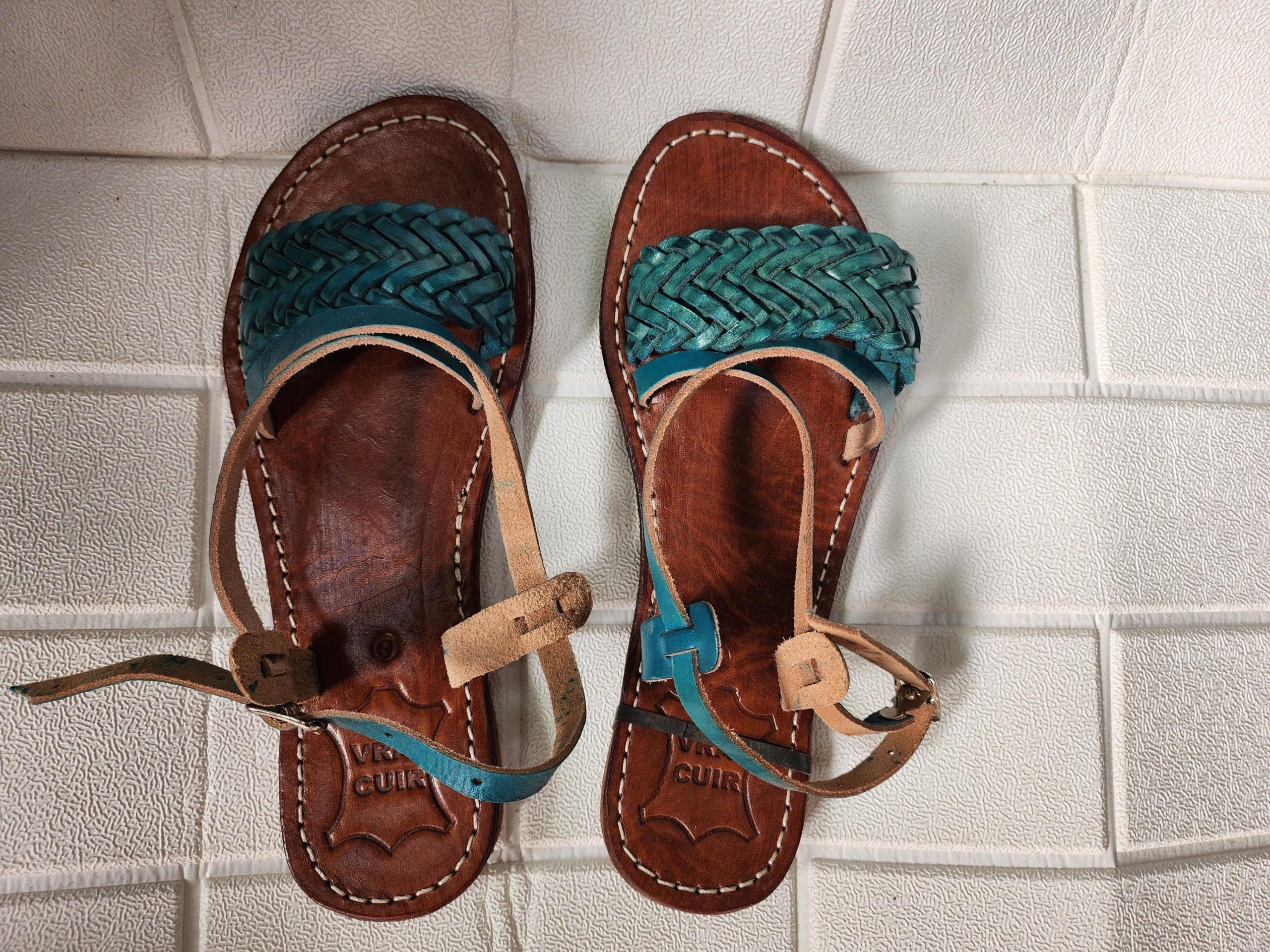 Handmade Moroccan Women’s Sandals – Turquoise Braided Leather Summer Shoes – Genuine Tan Flat Sandals, Real Leather Slides, Gift For Her
